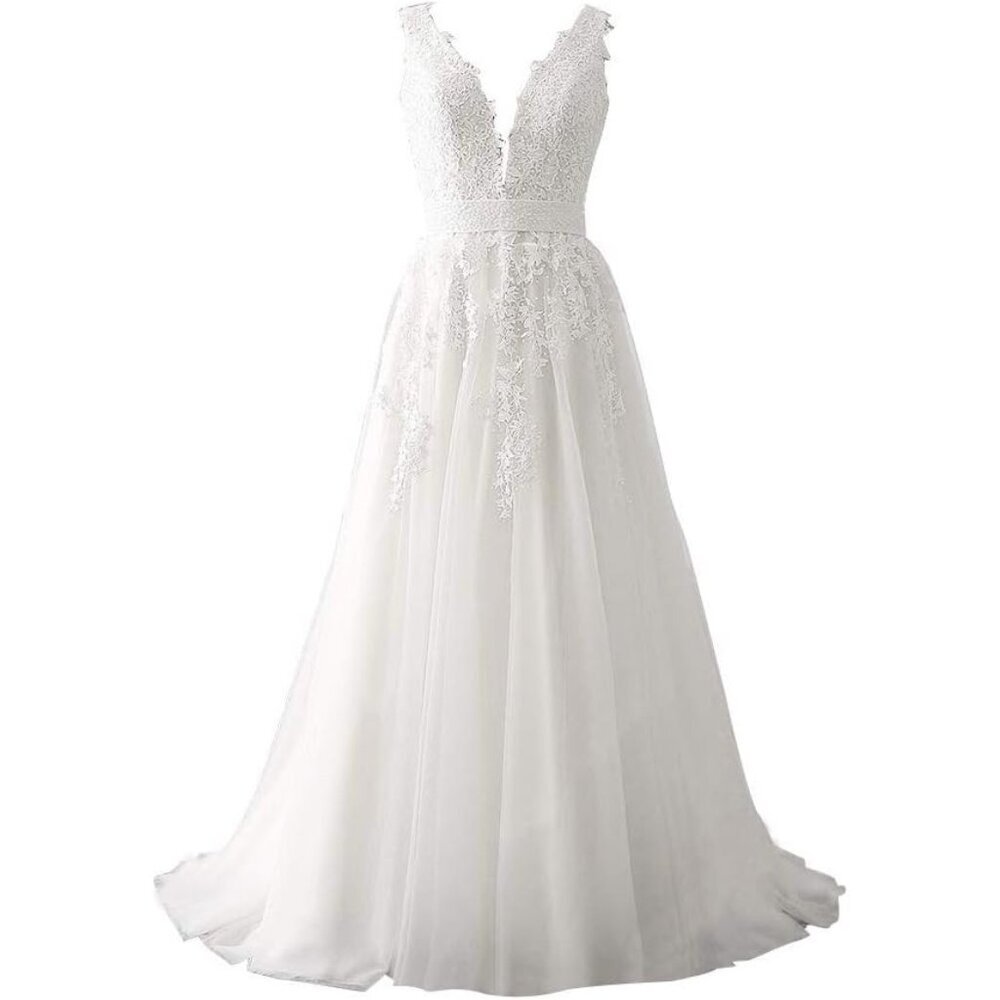 Women's White Bride Lace Applique V Neck Straps Ball Gowns Wedding Dress
